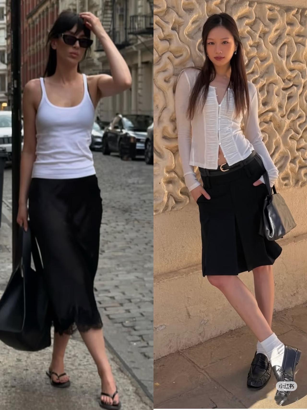 纯黑极简半裙｜清冷辣妹日常趋势穿搭
Look1
肌理褶皱透视白开衫+高腰黑色A字