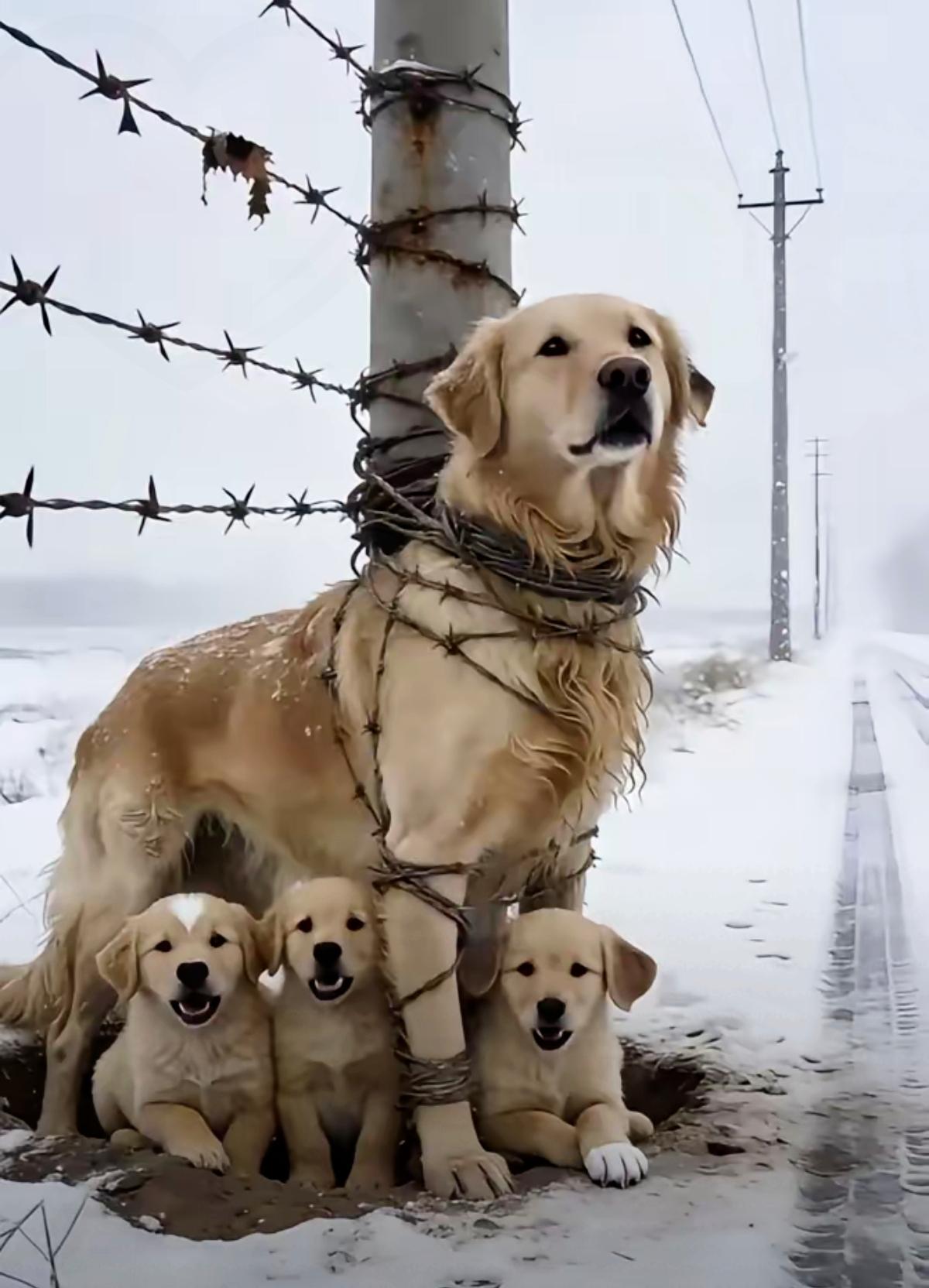好可怜！外面暴风雪天，狗妈妈被铁丝死死绑在电线杆上，勒进皮肉动弹不得，三只幼犬在
