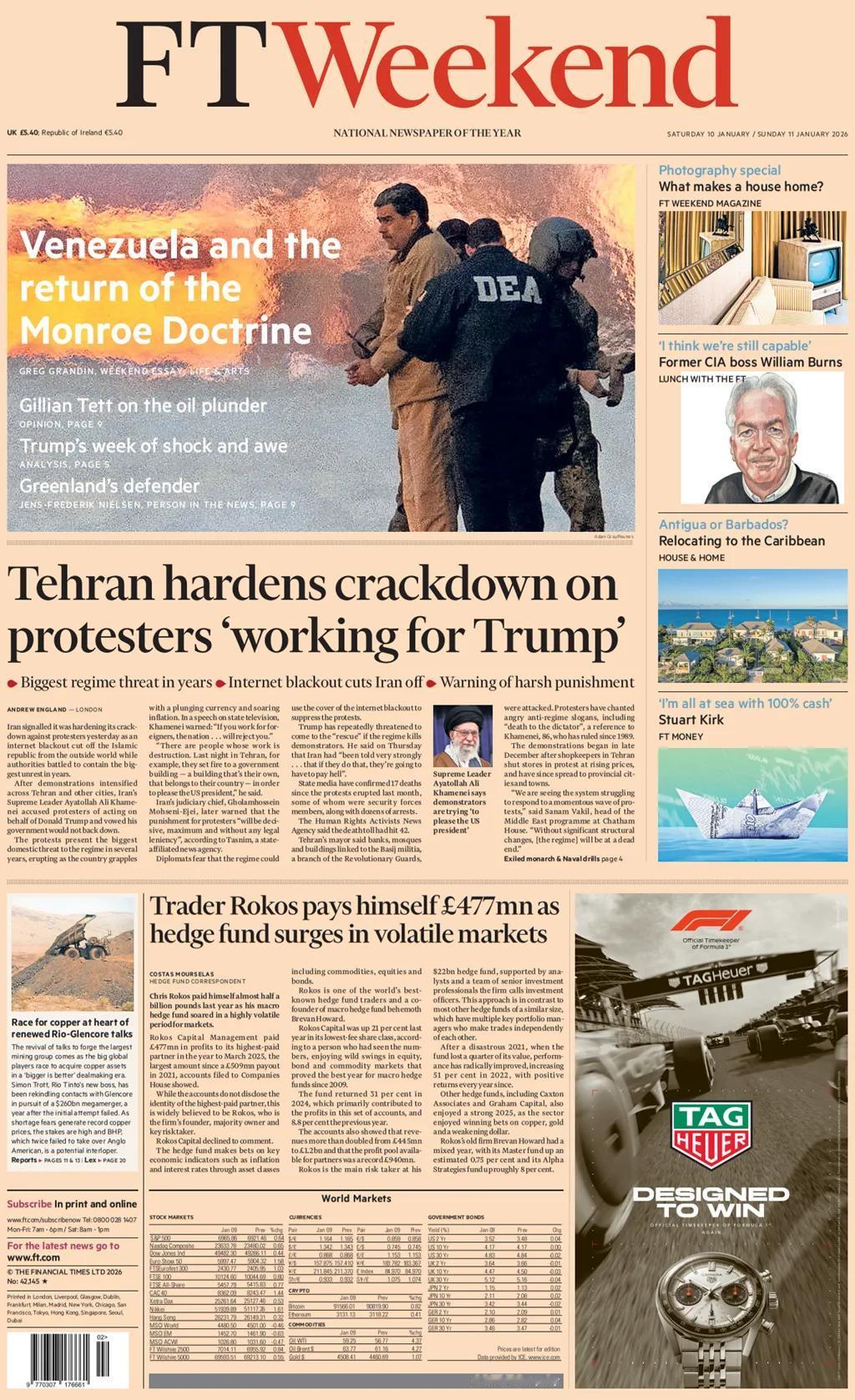 《金融时报周末版》头版报道称，委内瑞拉与门罗主义的回归，特朗普令人震惊和敬畏的一