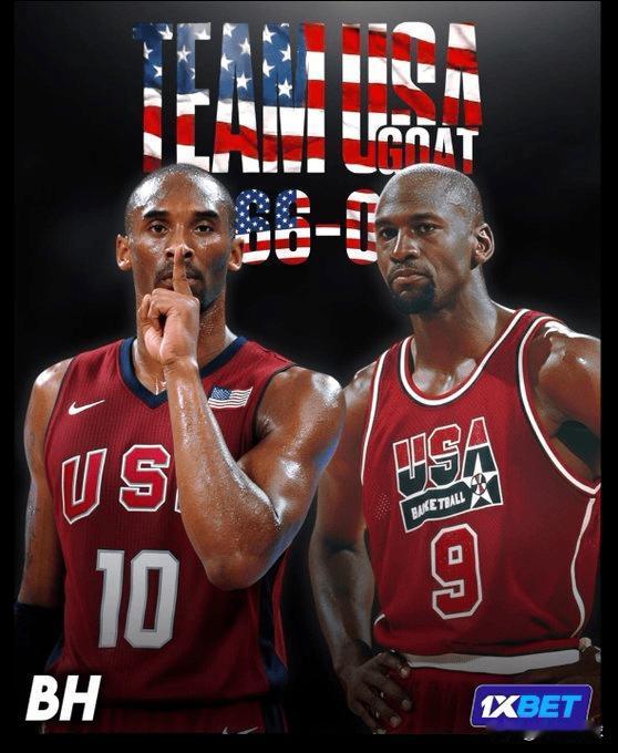 🇺🇸晒图分享：“乔丹、科比在为美国男篮🏀效力期间，美国男篮的胜率为 100