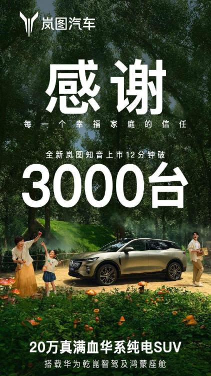 全新岚图知音（20.29万元起）开卖12分钟，大定3000台，这个成绩咋样？
该