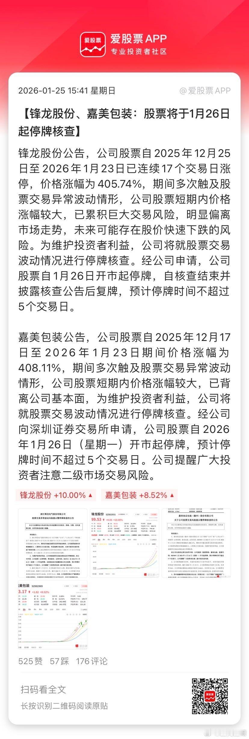 【锋龙股份、嘉美包装：股票将于1月26日起停牌核查】锋龙股份公告，公司股票自20