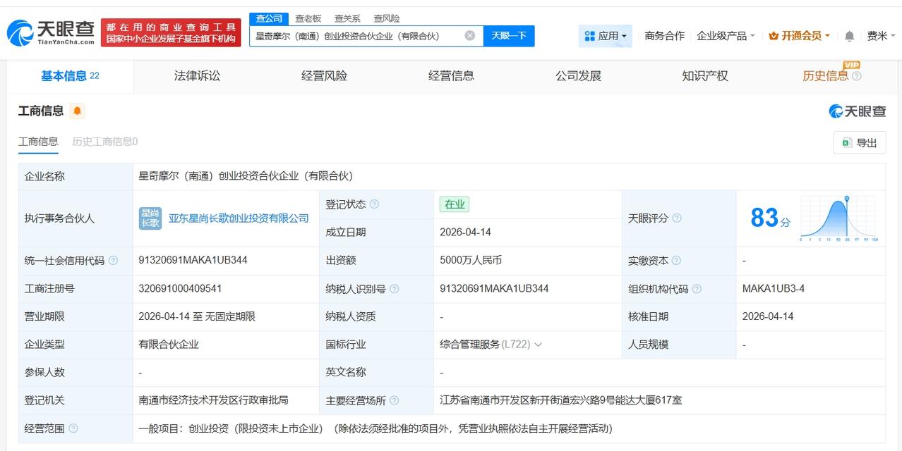复星集团等在南通成立创业投资合伙企业 出资额5000万
天眼查App显示，近日，
