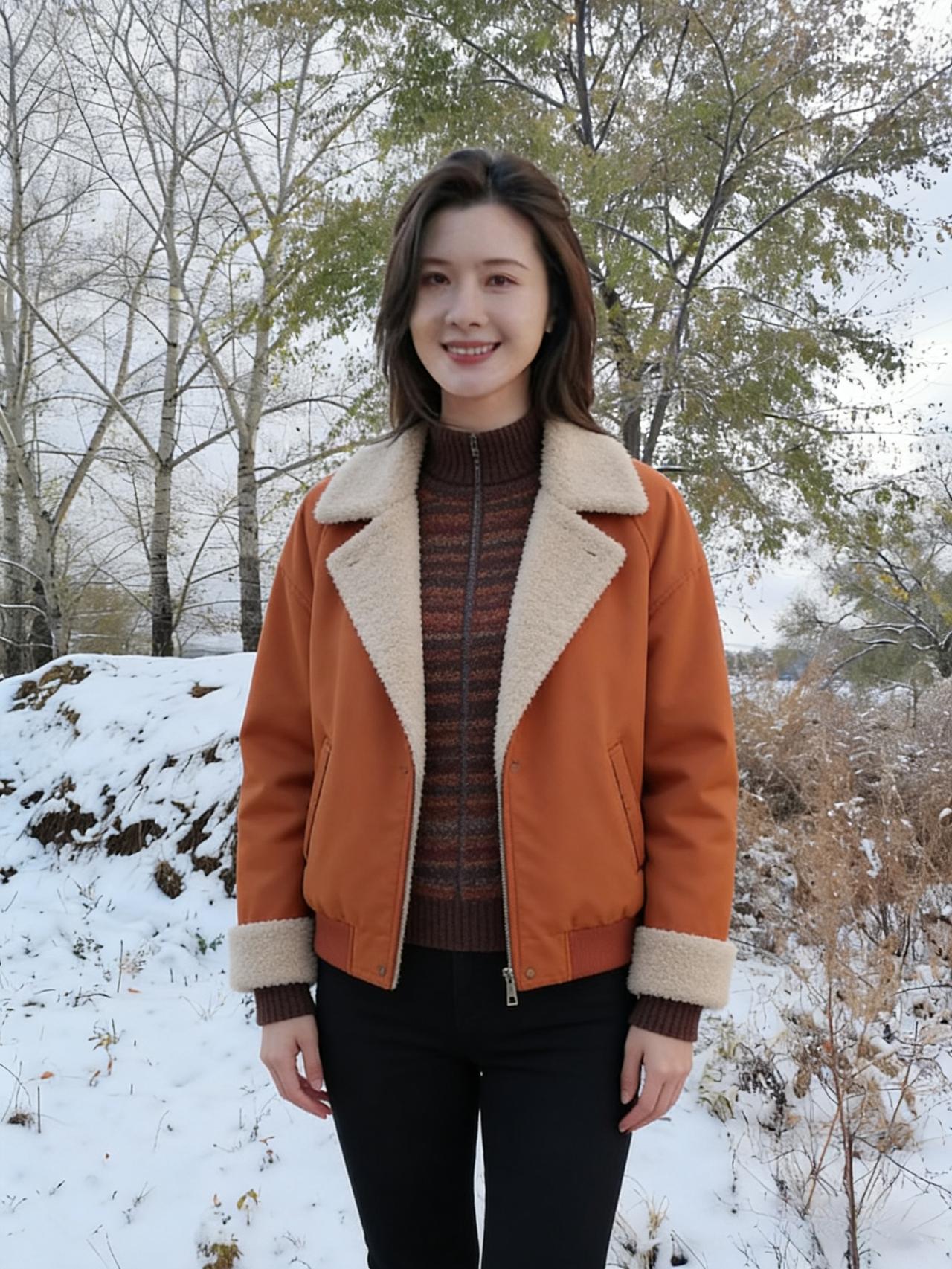 赭裘披雪野，羔领覆霜华。
织袂凝寒色，青裾踏玉沙。
林疏摇瘦影，云淡卷残霞。
心