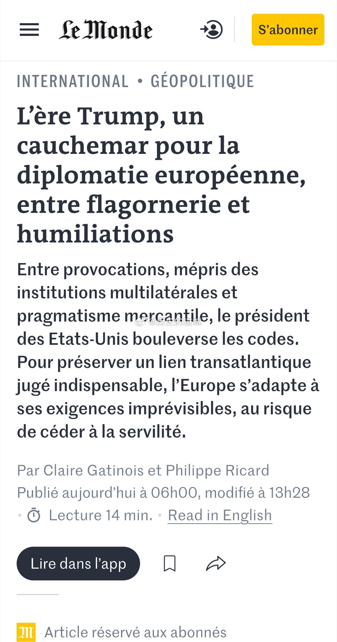 法国《世界报》周末的地缘政治专页以“特朗普时代的外交，欧洲人的噩梦”为题，梳理自