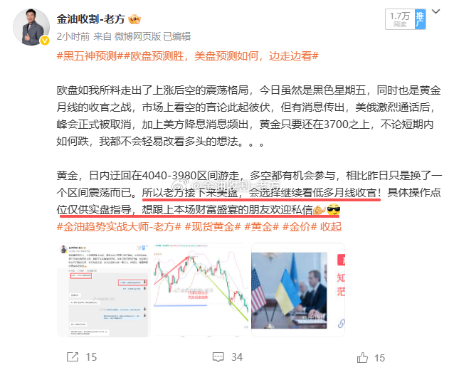 日内黄金走势预测全胜  刚发这篇领先市场两小时的独家预测时，市场多少人认为，我是