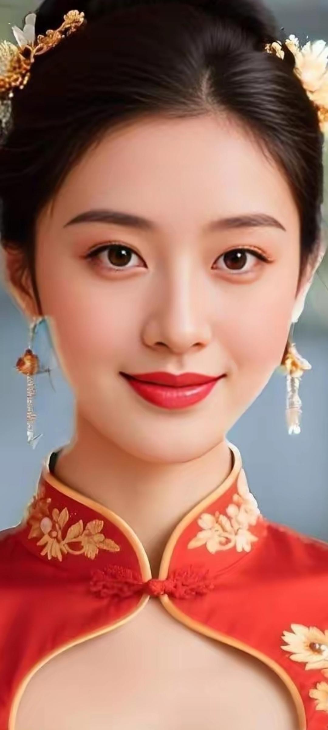 惊艳的古典美人，红衣金饰，古典优雅！