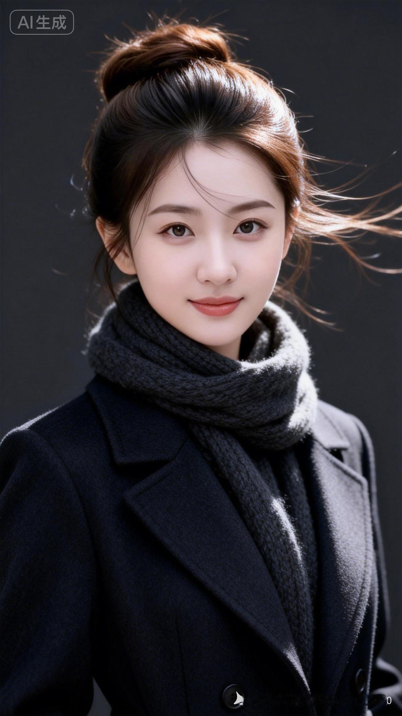 冬日暖阳下的优雅女孩，温暖围巾与黑色大衣的完美搭配。