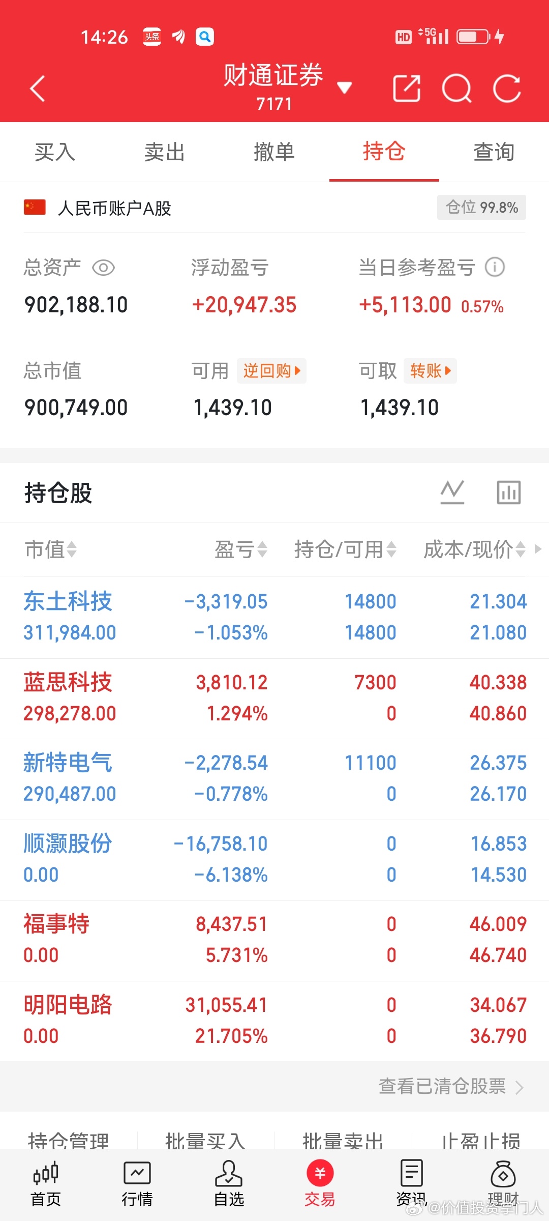 5.29 交易记录📝持有：东土科技出局：明阳电路、福事特、顺灏股份介入：新特电