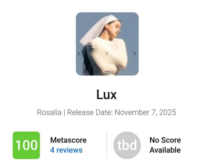 罗莎莉娅（Rosalía）的专辑《LUX》在Metacritic网站上以满分10