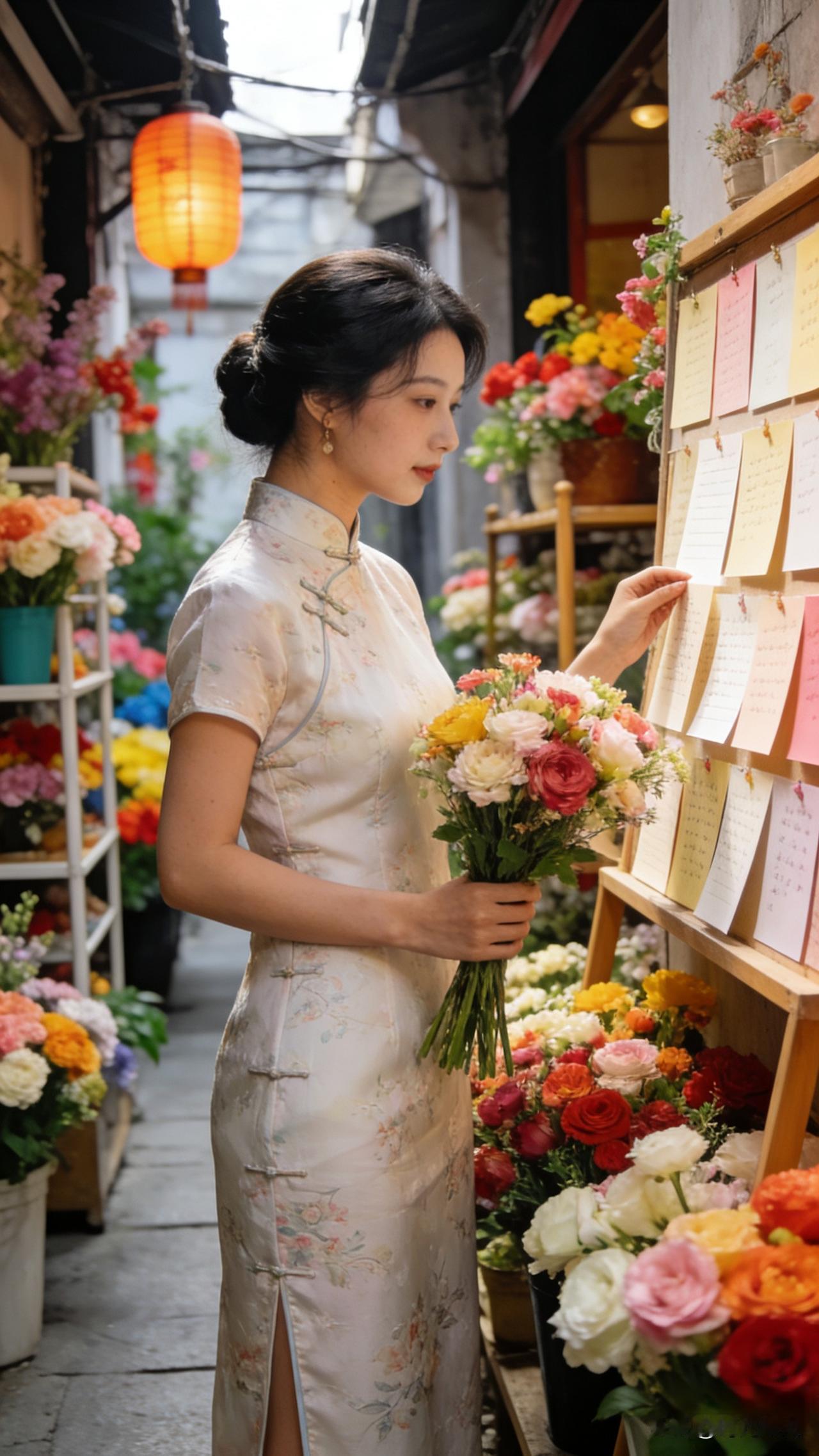 三井巷子里的“花寻坊”，老板娘把上联写在花笺上，说对出下联的，送一大束洋桔梗！