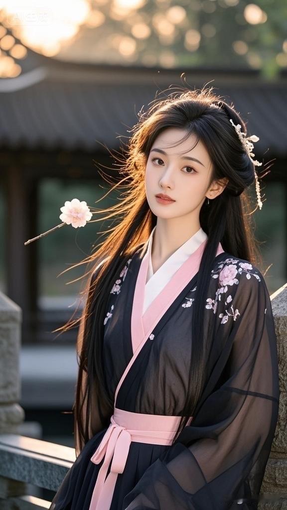 古风少女，黑纱飘逸，粉花点缀，如梦如幻。