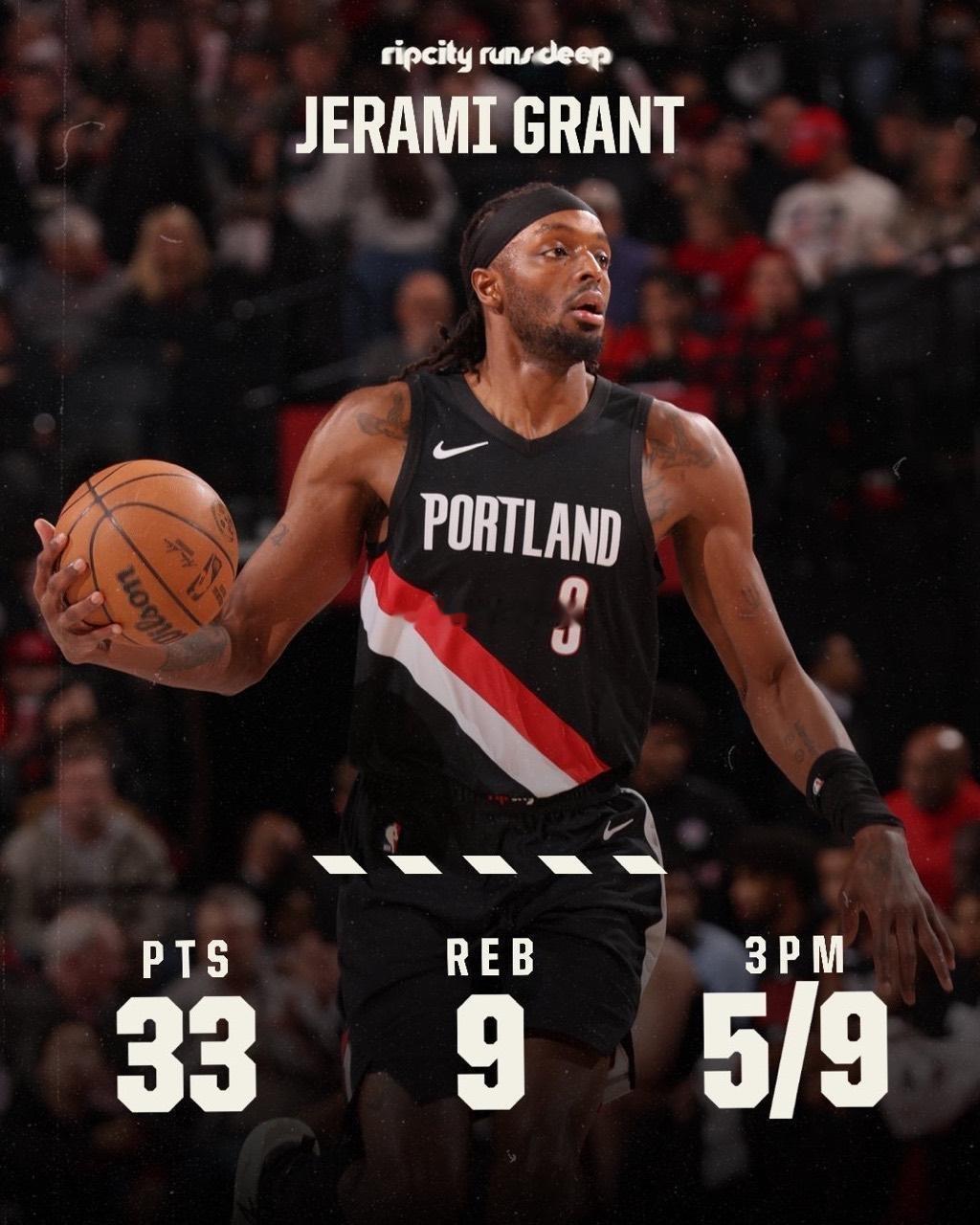 本赛季杰拉米-格兰特的场均数据为19.4分3.4篮板2.4助攻0.9抢断0.4盖