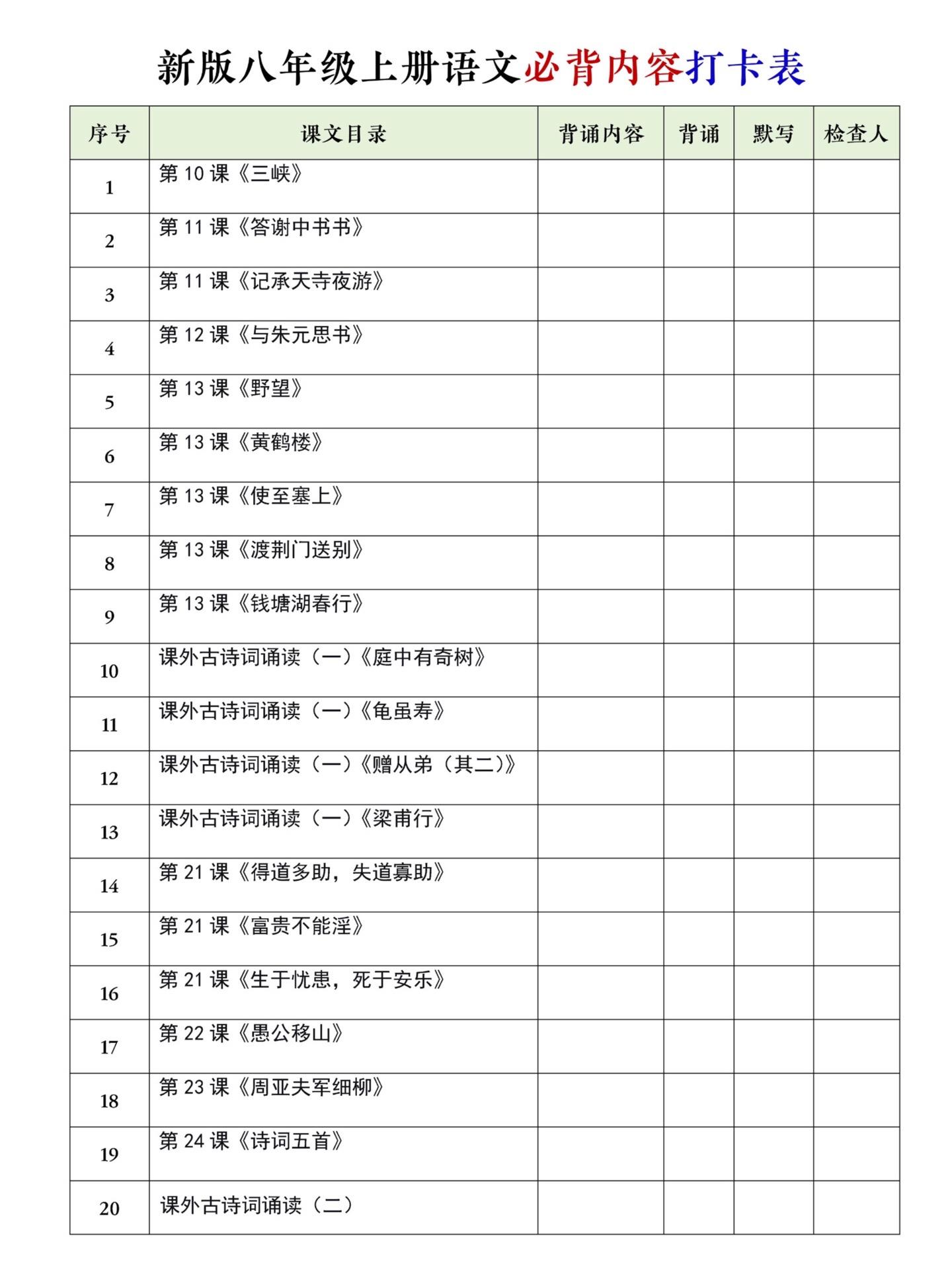八年级上册语文必背内容打卡表。