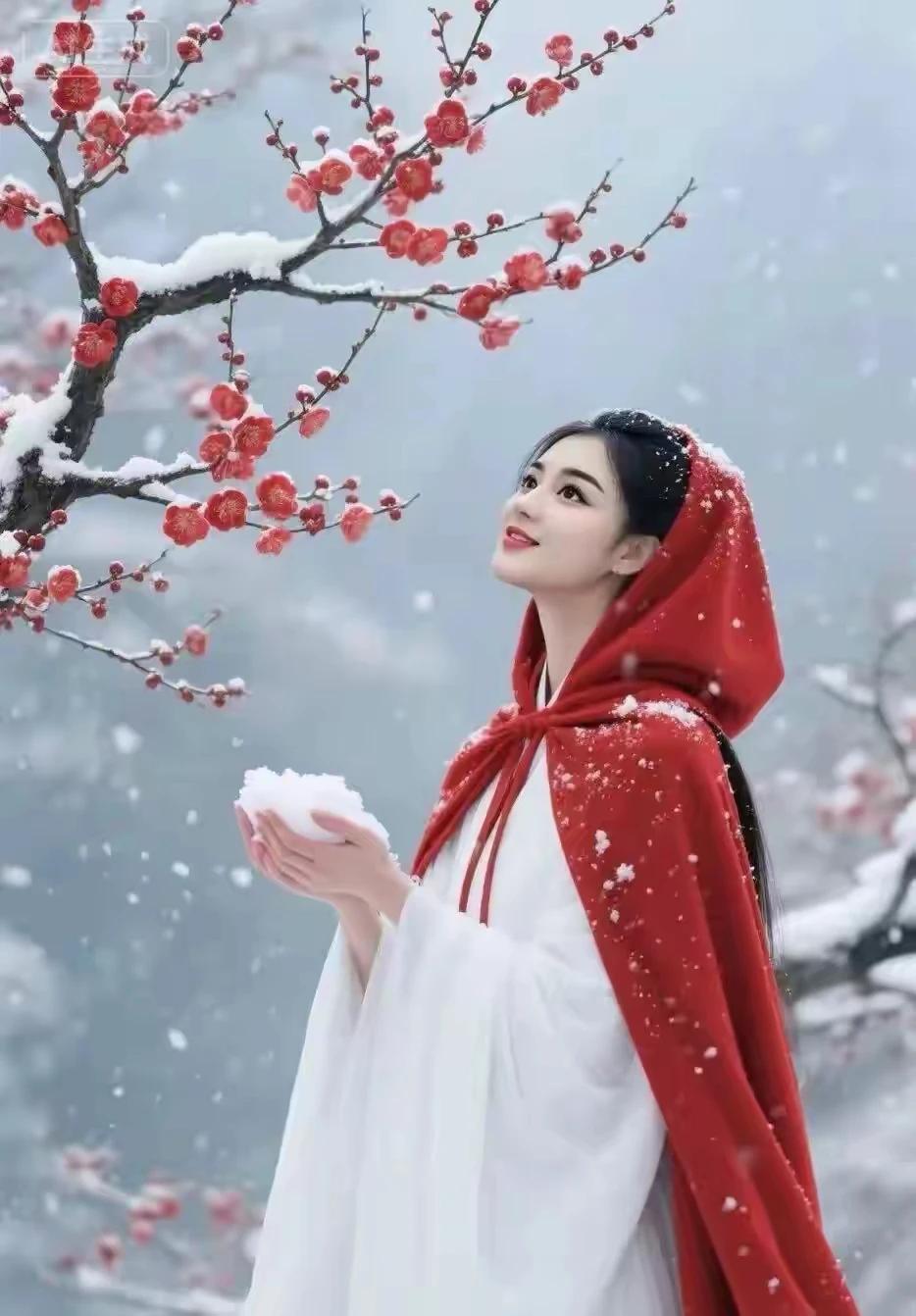 雪落无声，寒梅映雪，若阆苑仙姝，披绡曳练，幽馥随风逸，尽显冷艳清芬之姿。