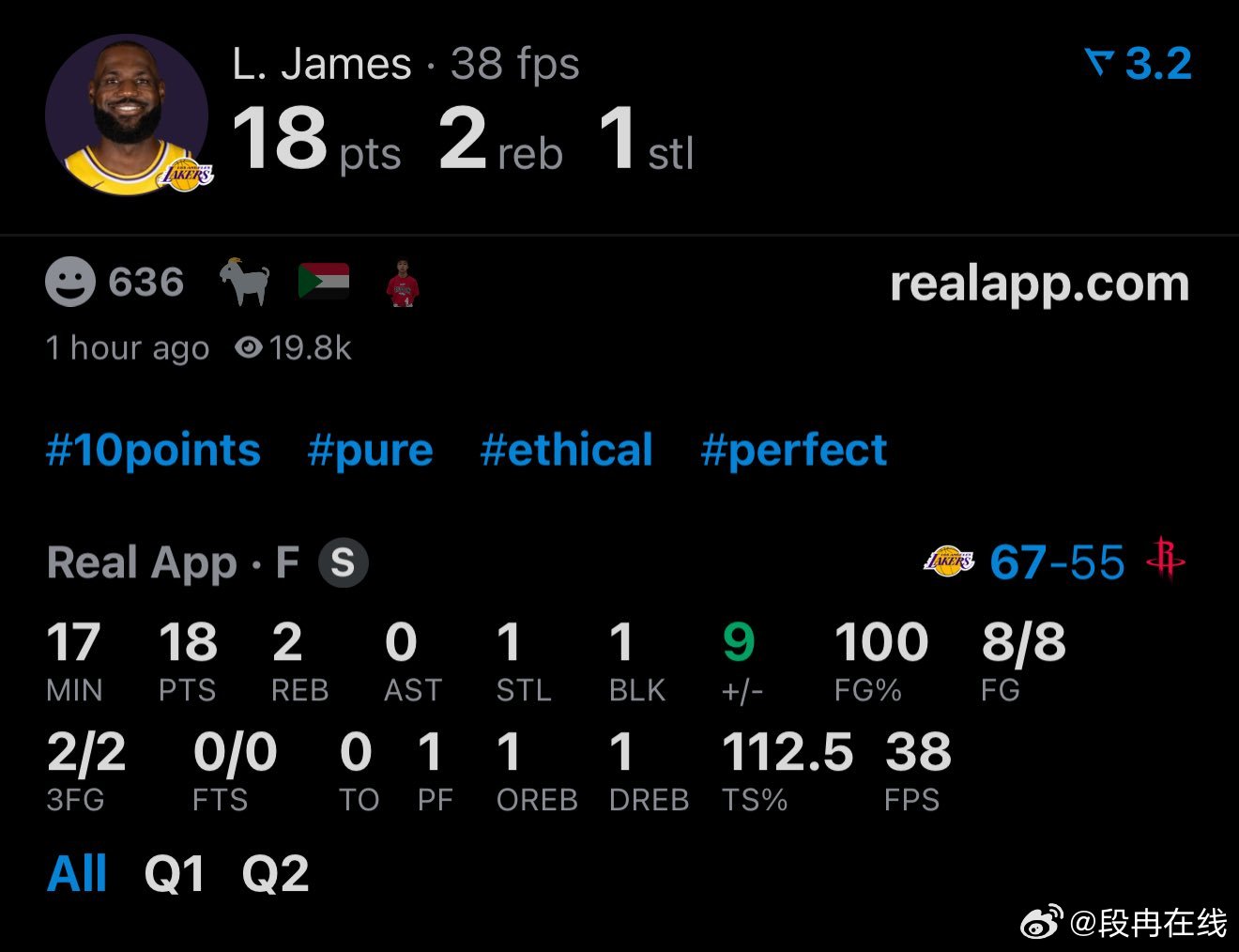 湖人vs火箭老詹半场8中8，轰下18分。这真有点梦回巅峰的感觉了 