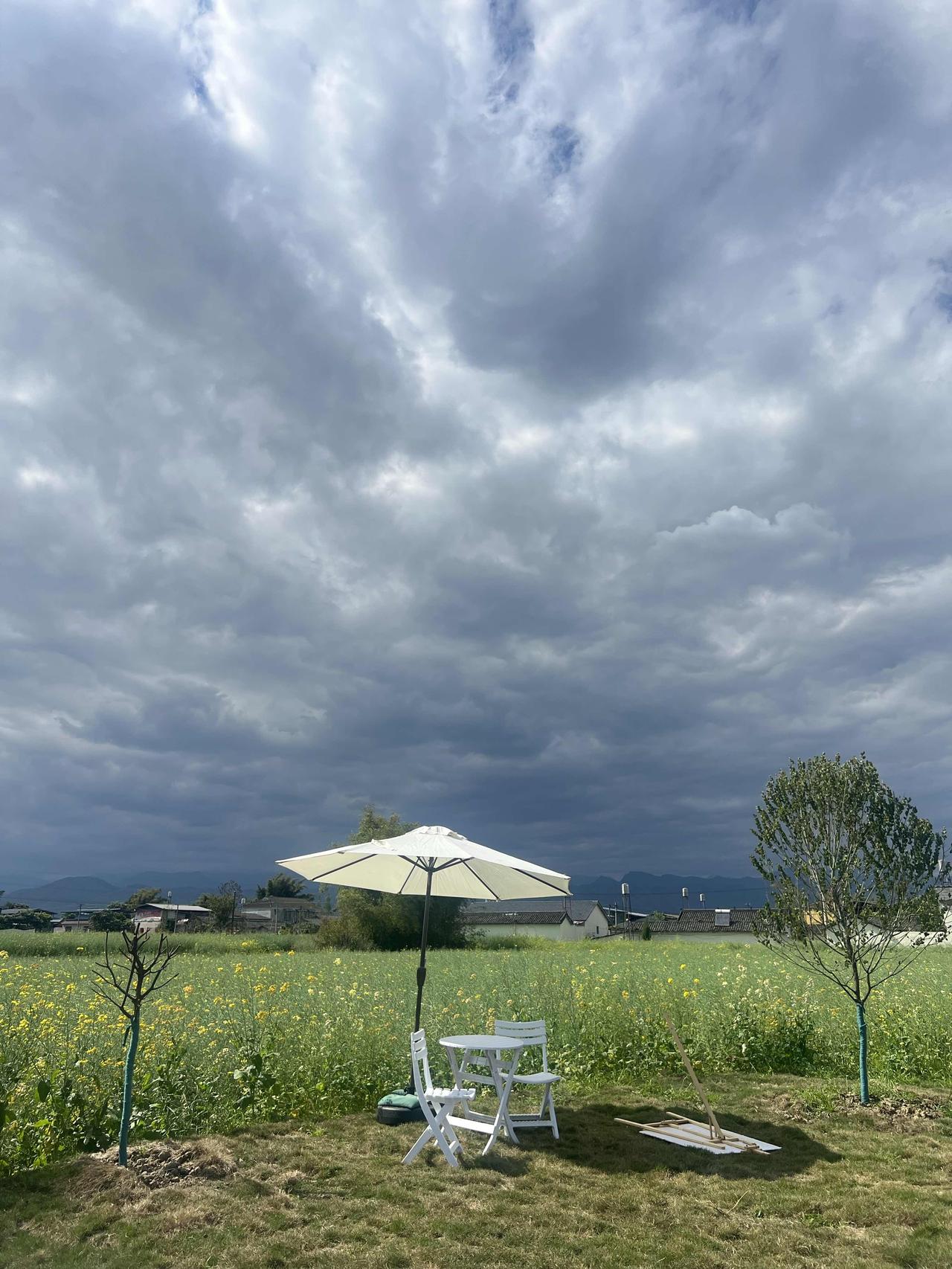 分享手机里随手拍的风景照春天里的乡村小景。远处是连绵起伏的山脉，云层之下的风景像
