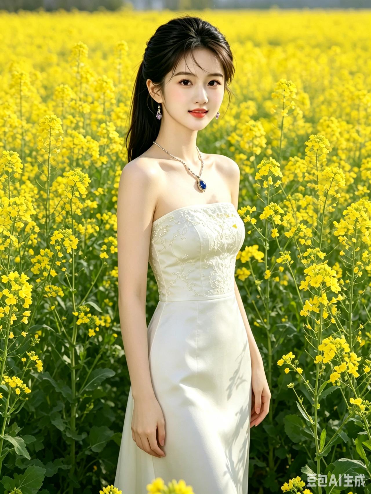 油菜花畔佳人
云鬓高盘韵态妍，
桃腮带笑立郊田。
珠坠晶环增雅趣，
体态轻盈胜花