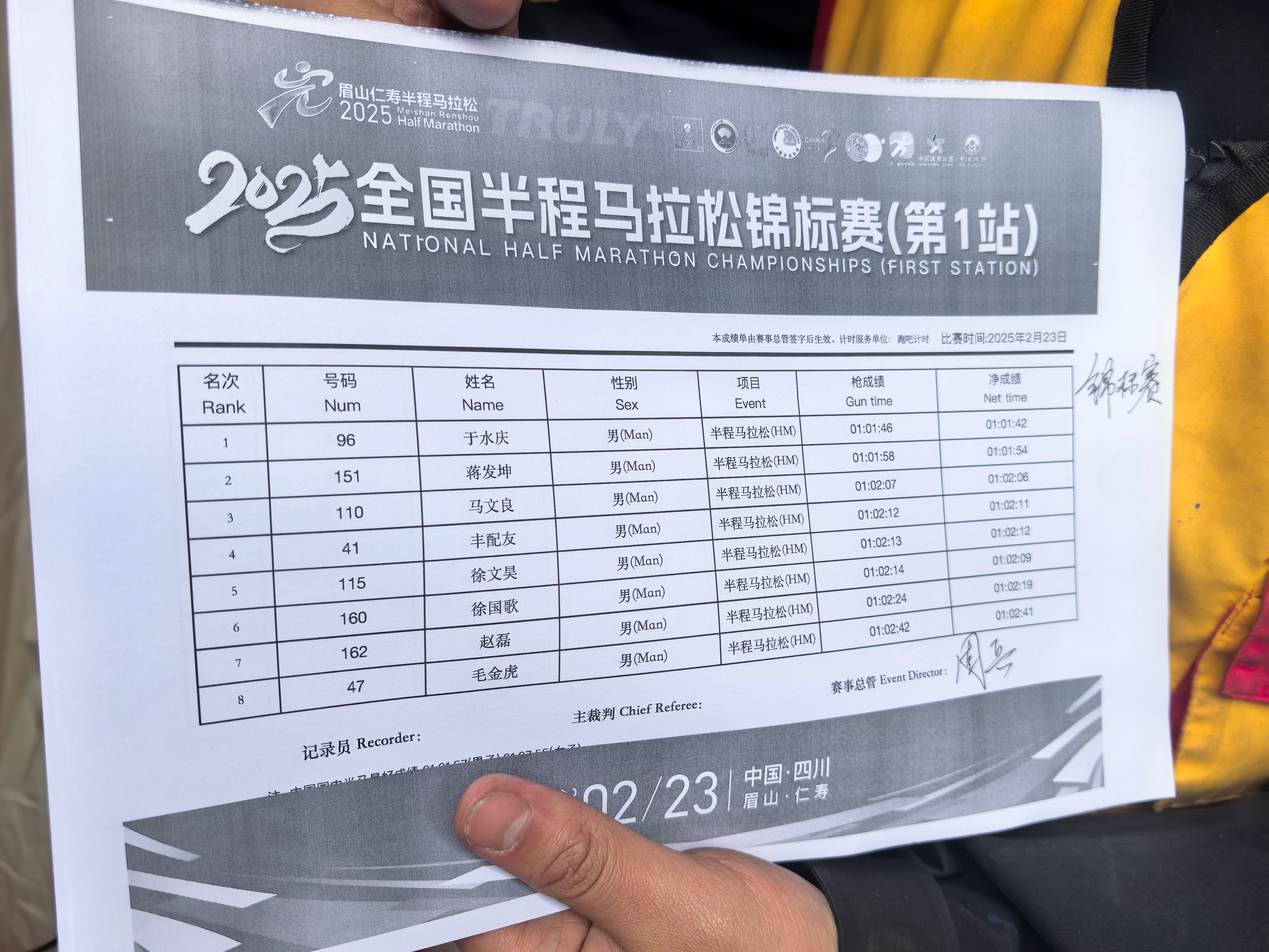 2025仁寿半程马拉松 国内男子前三名：于水庆、蒋发坤、马文良。 98跑陪你聊跑