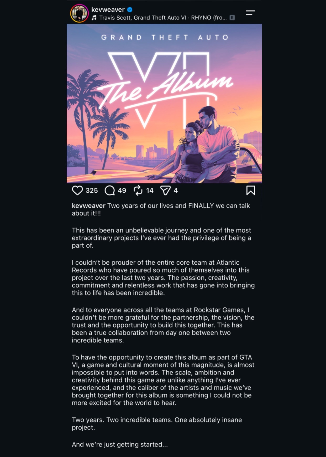Atlantic Records 总裁证实，他们与R星合作制作 GTA 6 原声