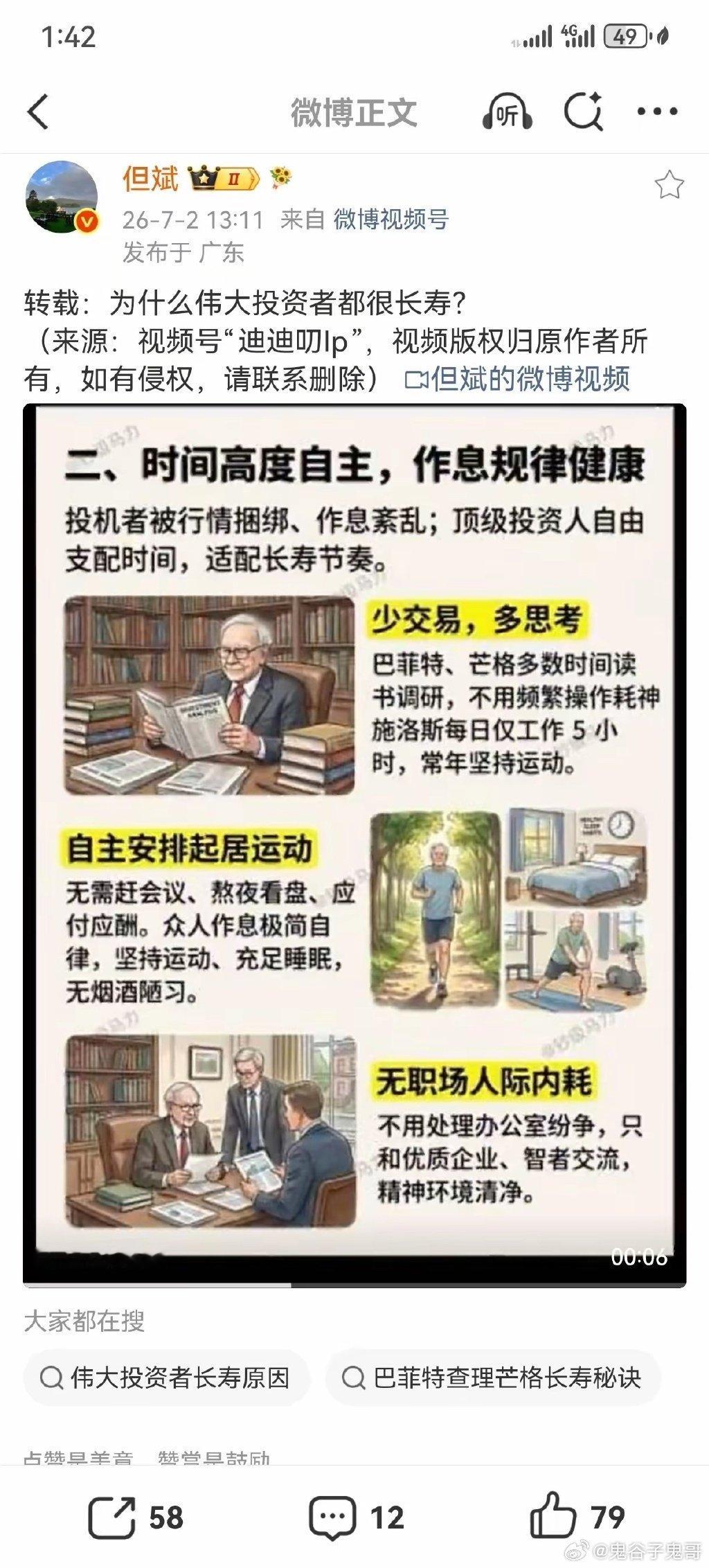 但斌转发了一个新闻，为什么伟大的投资者都很长寿？图中列举欧文·卡恩、芒格、巴菲特