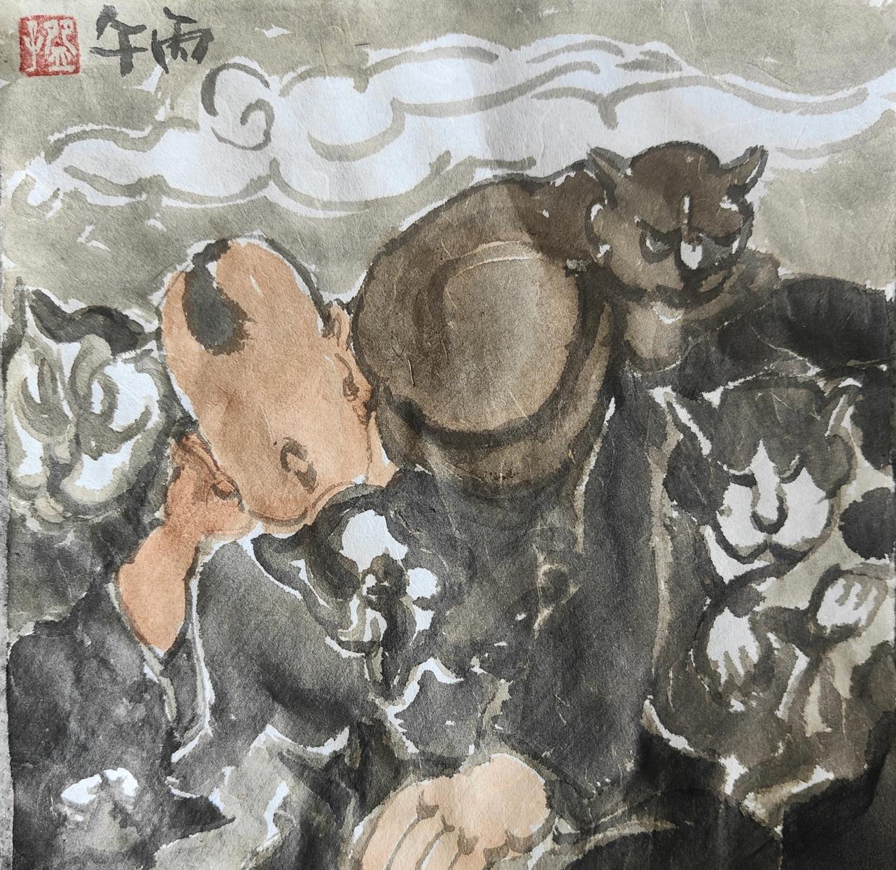 碗子的纸片水墨《撸猫图》