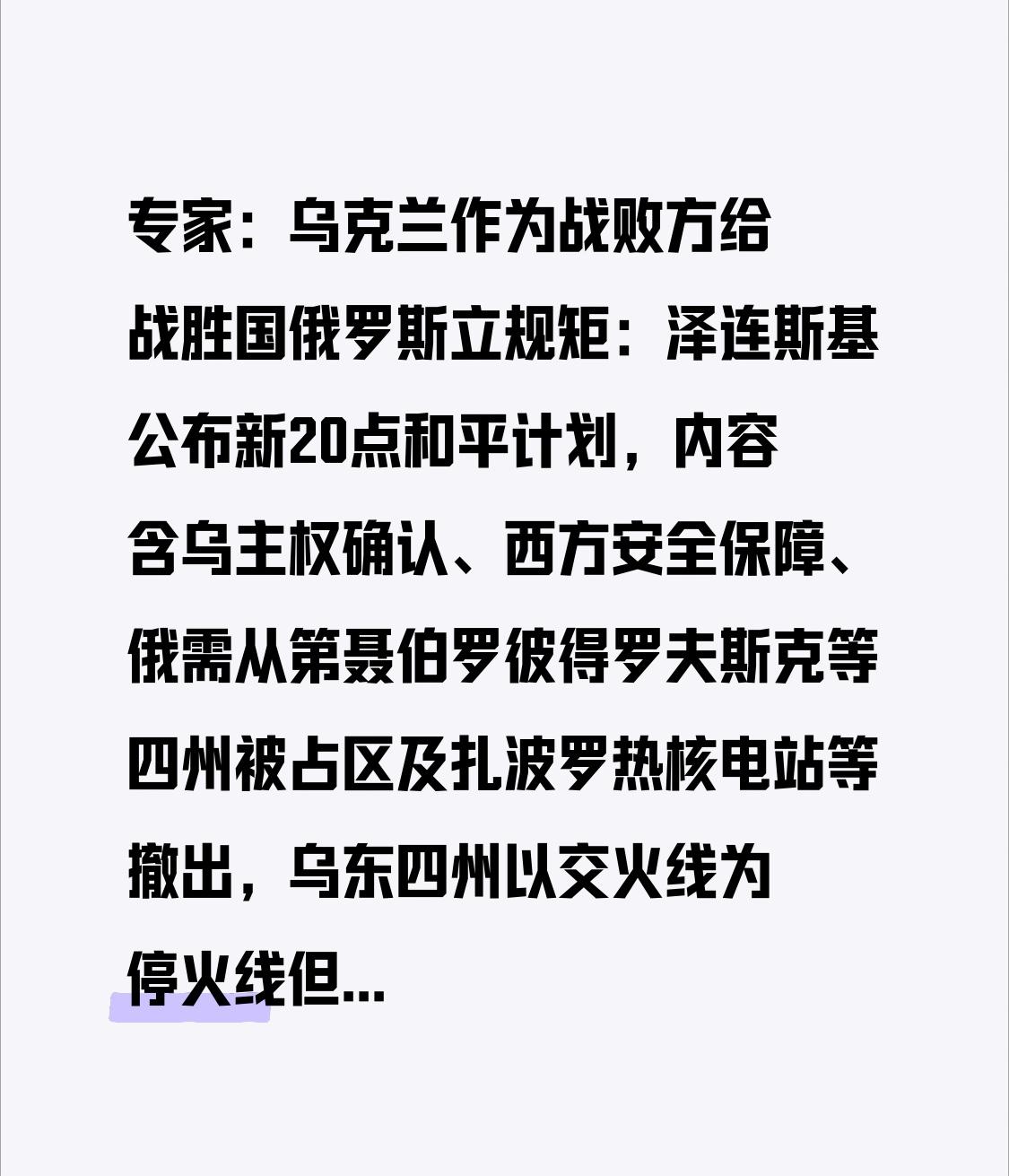 专家：乌克兰作为战败方给战胜国俄罗斯立规矩：泽连斯基公布新20点和平计划，内容含