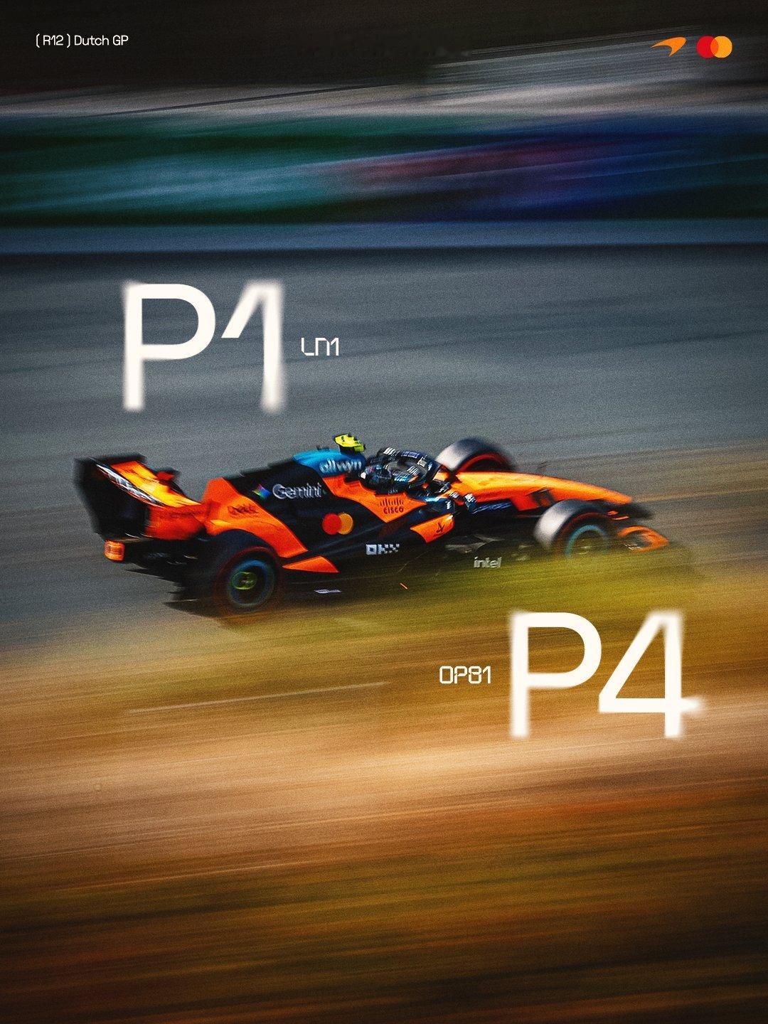 荷兰大奖赛排位赛成绩：兰多🇬🇧 P1奥斯卡 🇦🇺 P4McLaren｜2