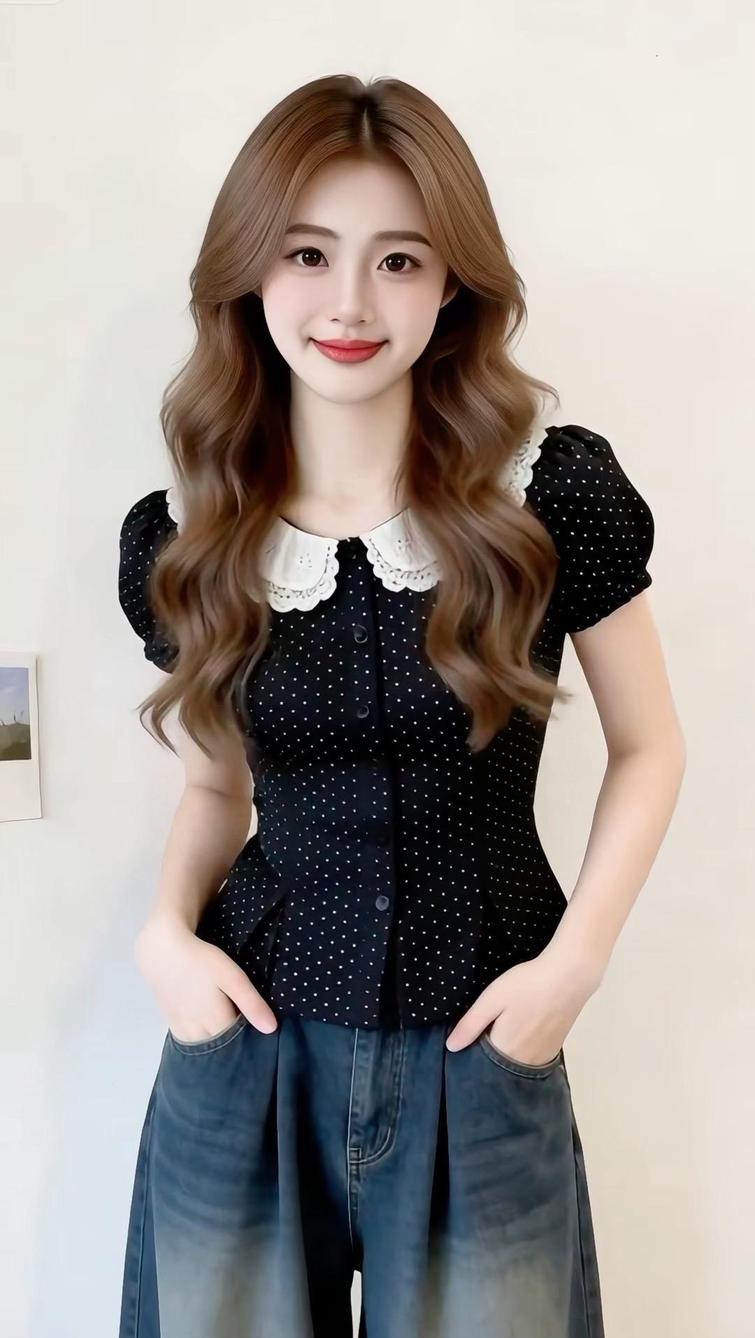 小个子花边气质短款上衣 显瘦娃娃领上衣 法式荷叶边小衫 甜美小上衣 荷叶边修身显