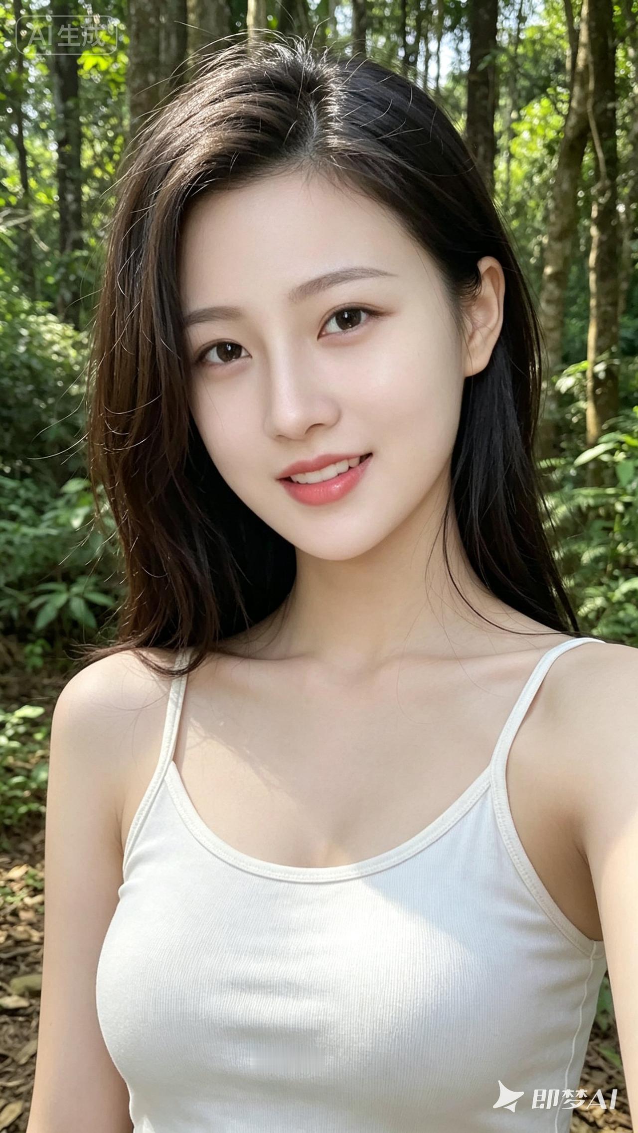阳光明媚，森林里的漂亮姑娘。