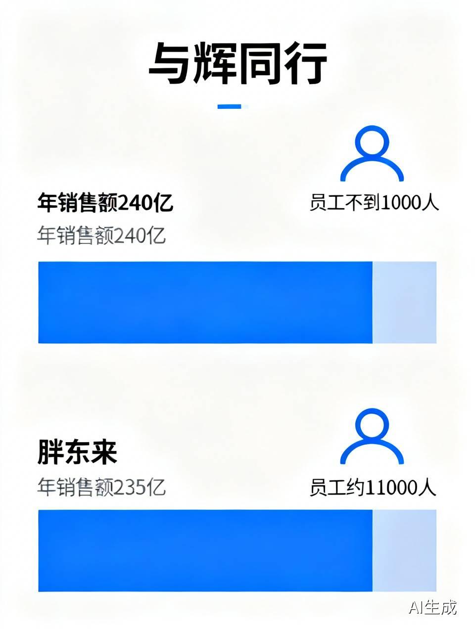 与辉同行年销售额约240亿，员工不到1000人；而胖东来年销售额为235亿，员工