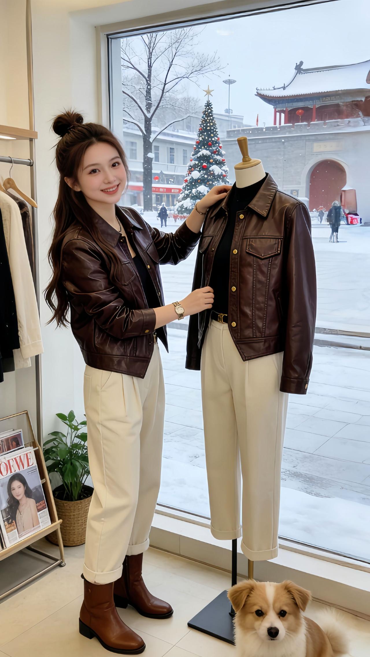 Danny上身的这款复古棕皮衣也太绝了！不管是在服装店搭配米色裤子整理穿搭，还是