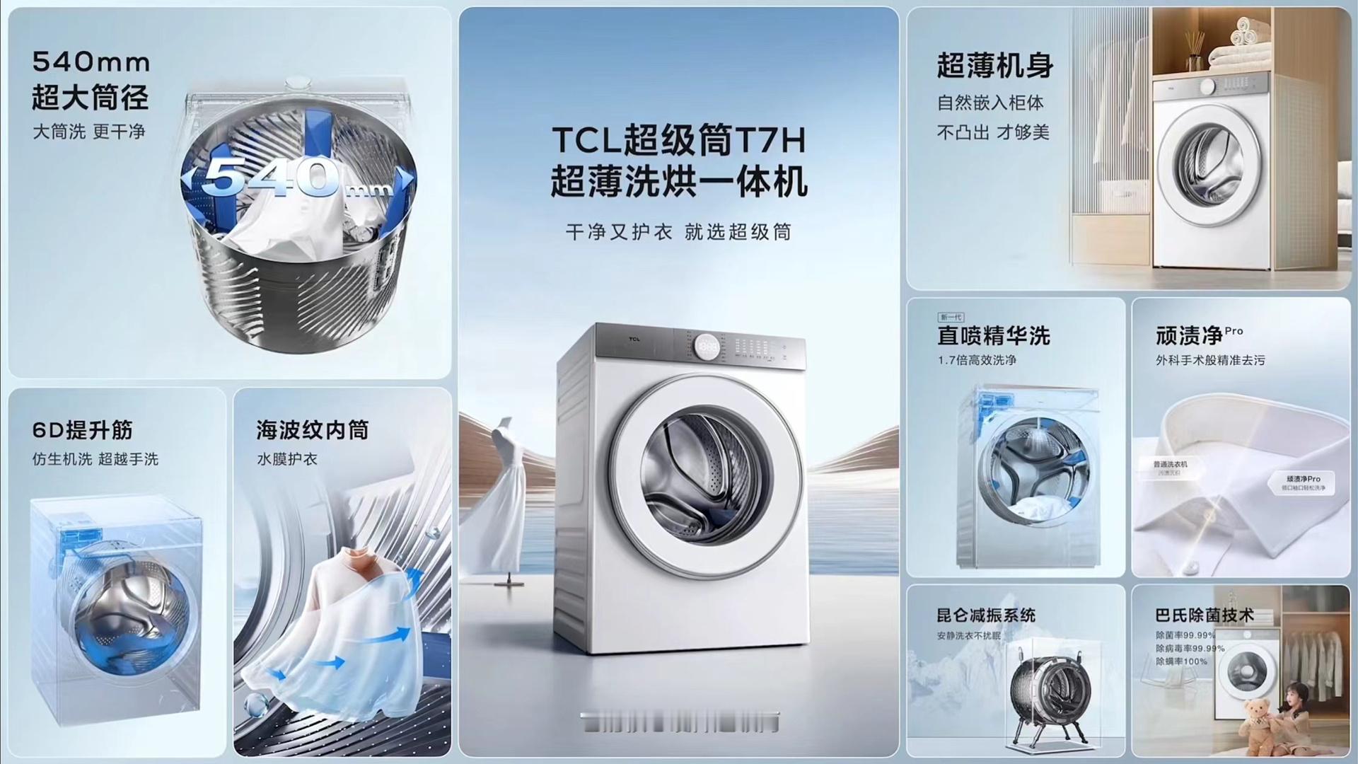 TCL发布的两款新品，TCL超级筒洗衣机T7H，洗净比达到1.2，540mm大筒