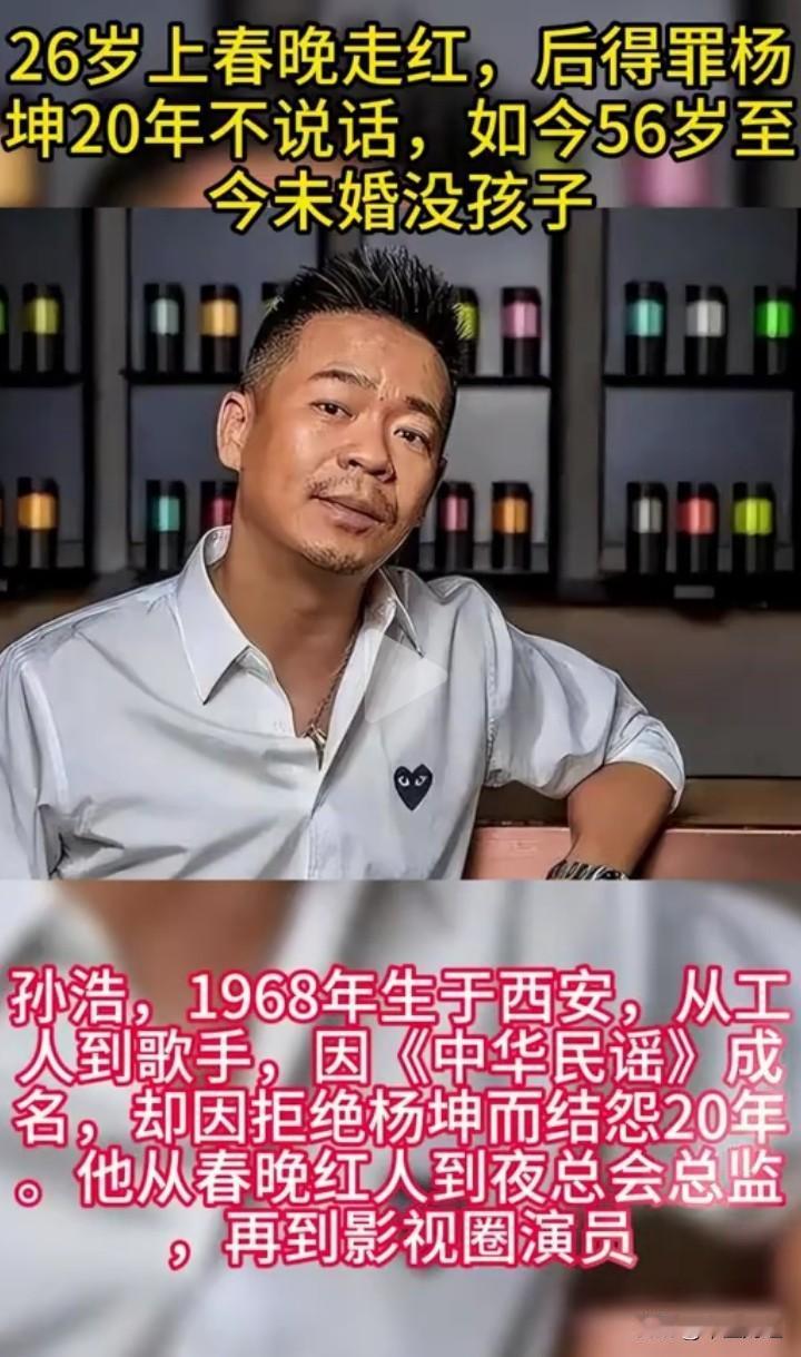 孙浩的经历真像一部跌宕起伏的剧。26岁他凭《中华民谣》登上春晚，成全民偶像，那风