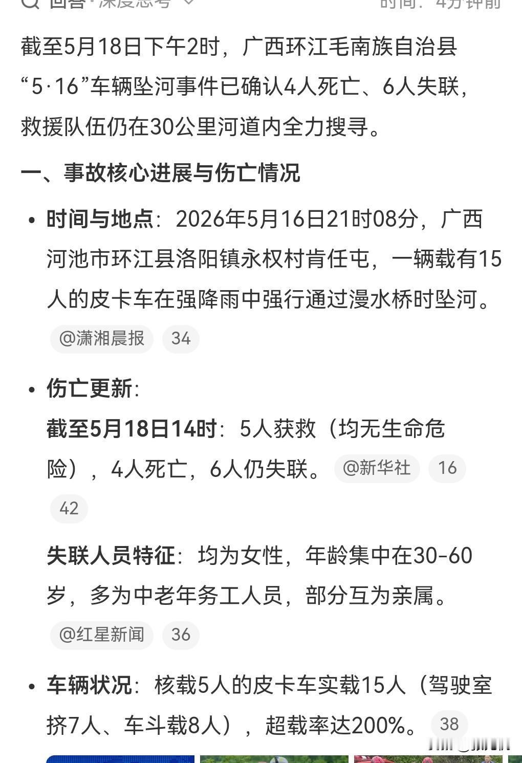 这真的是太悲剧了。

5月18日热搜，广西车辆坠河已致4死6失联。

截至5月1