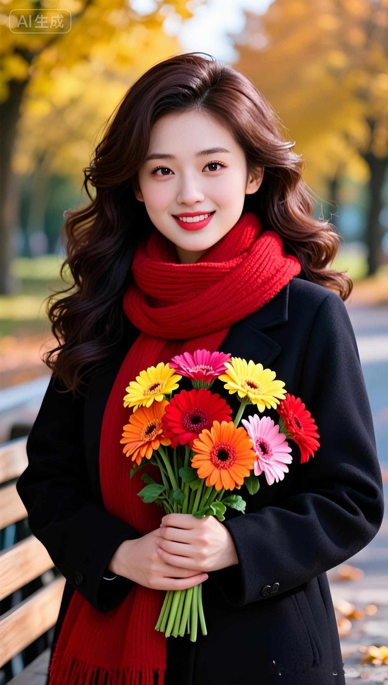 秋日暖阳下，红围巾与鲜花相映成趣，笑靥如花！