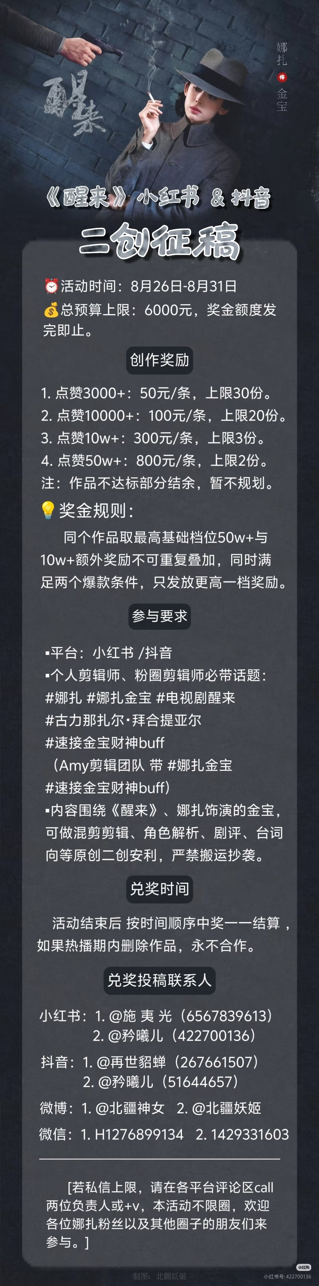 醒来二创活动 不限⭕️⏰活动时间：8月26日‑8月31日（延长热播期内达标都可以