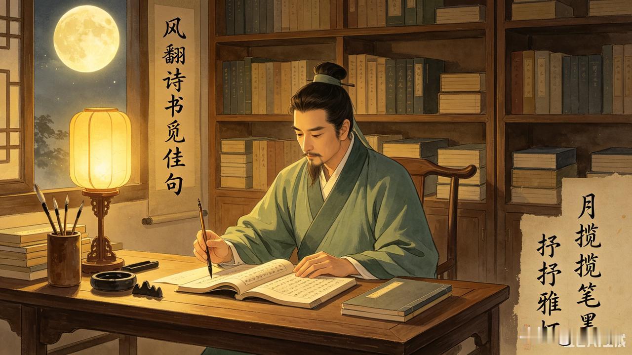 上联：风翻诗书觅佳句
下联：月揽笔墨抒雅怀