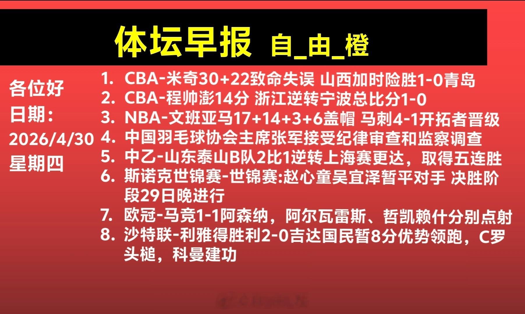 自由橙体坛早晚报每日橙语