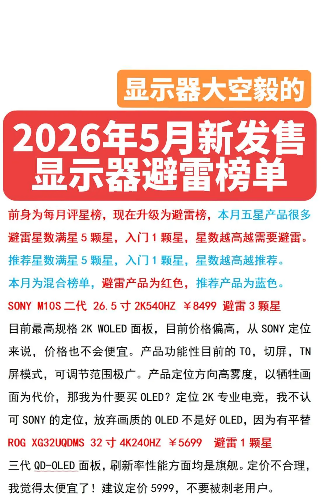 2026年5月新发售显示器避雷、推荐榜单。总结了最近一个月需要避雷和值...