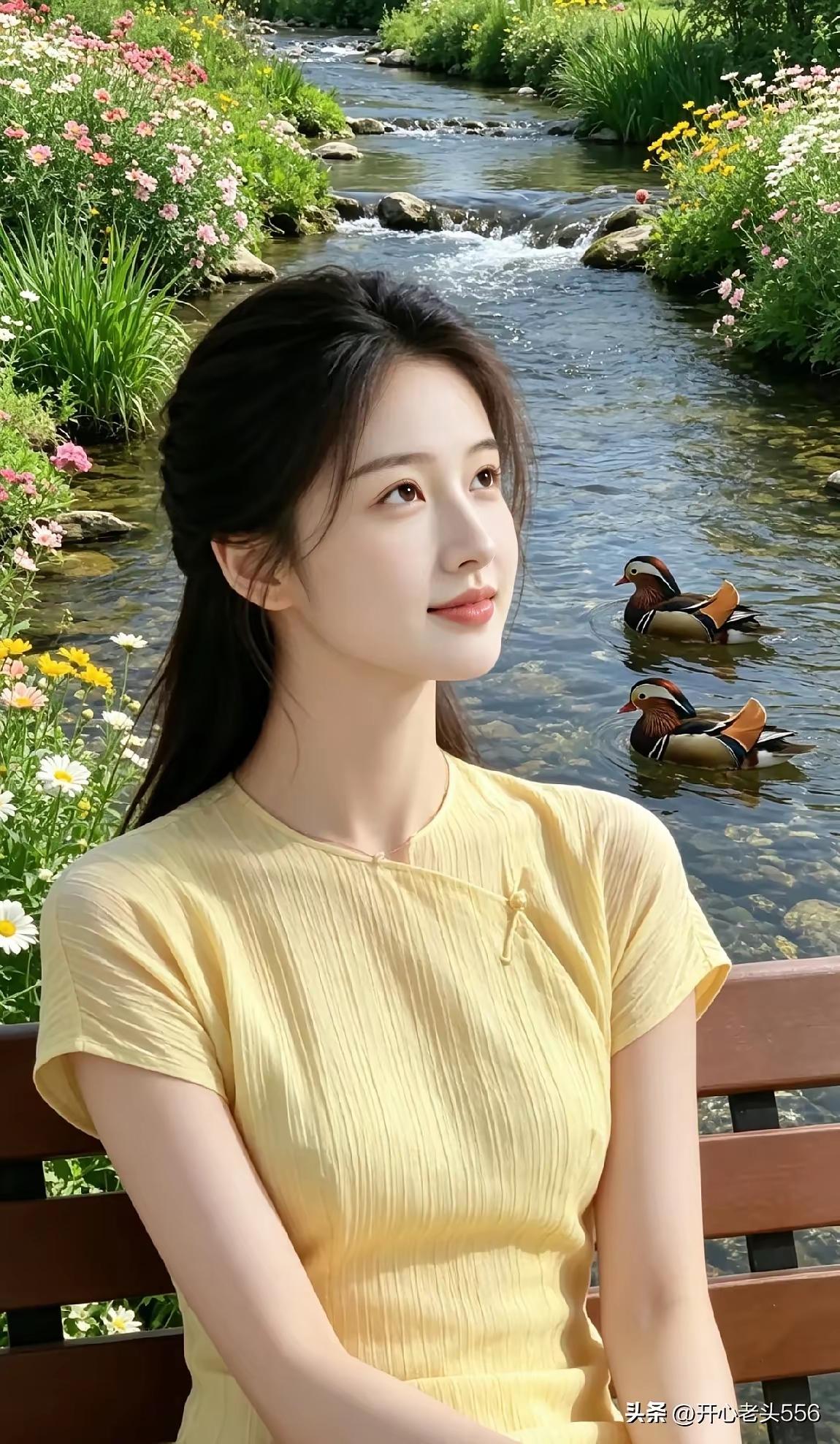 坐在长椅上，看着河里的鸭子。