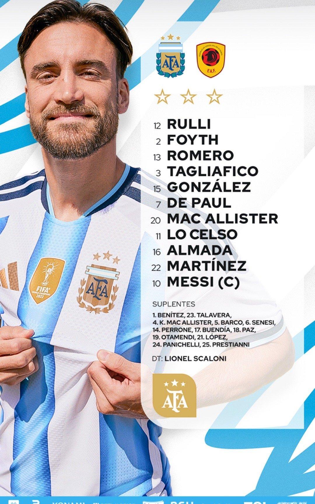 首发名单🔥 阿根廷队；鲁利、福伊特、库蒂罗梅罗、塔利亚菲科、冈萨雷斯、德保罗、