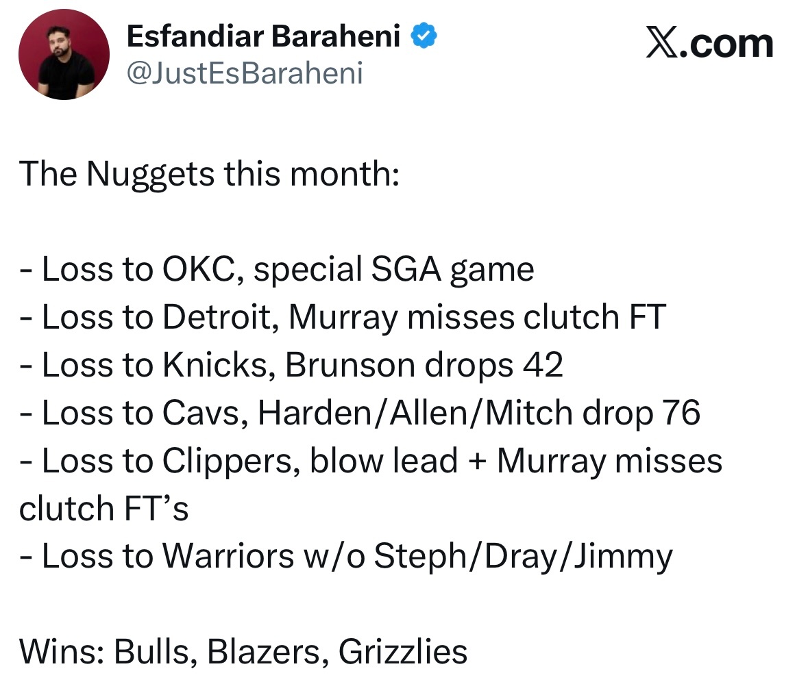 掘金队本月战况：负于雷霆：SGA高光之夜负于活塞：穆雷错失关键罚球负于尼克斯：布