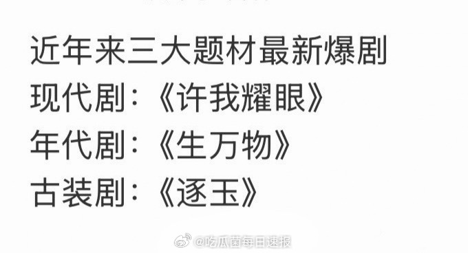 网友总结近年来三大题材爆剧，同意吗？现代剧《许我耀眼》年代剧《生万物》古装剧《逐