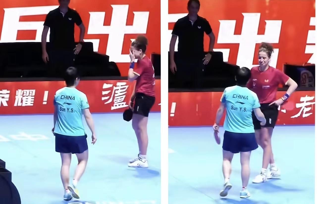 汉娜高达这个孩子，身高马大的，结果被莎莎小不点打哭了。

比赛结束握手那一幕，我