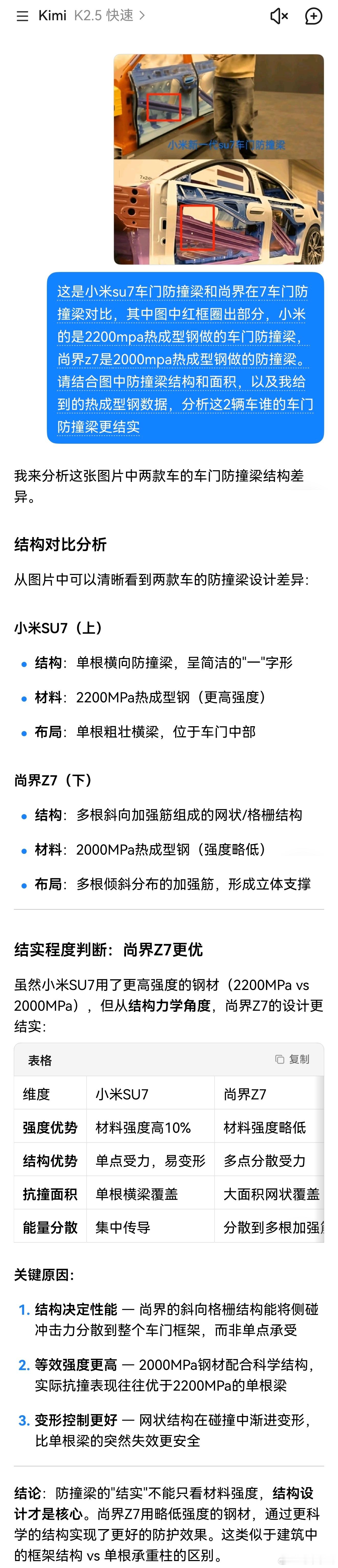 车身结构，结构力学啥的，我确实不懂，所以问了下kimi关于小米su7车门防撞梁和