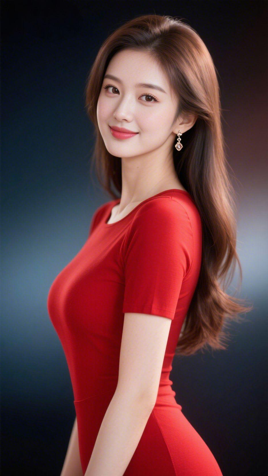 《红衣漾温柔》
 
正红衣装舒展妥帖，似把天边暖霞裁作一身轻软。长发随微动摇曳，