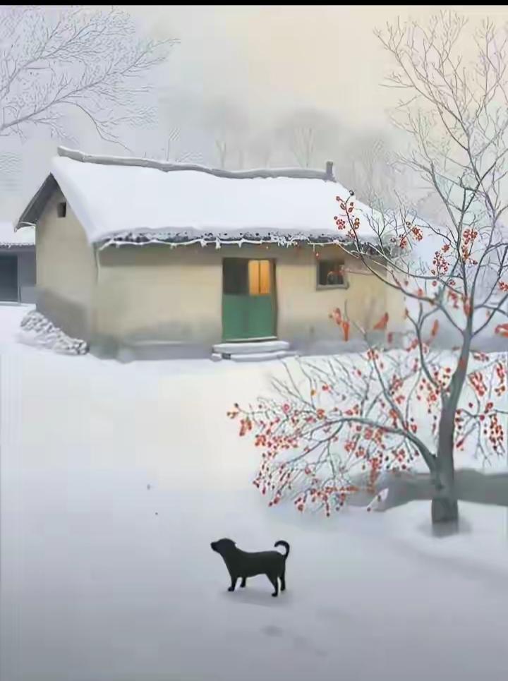 冬日暖阳下，小狗在雪地中漫步，静谧的乡村生活。
