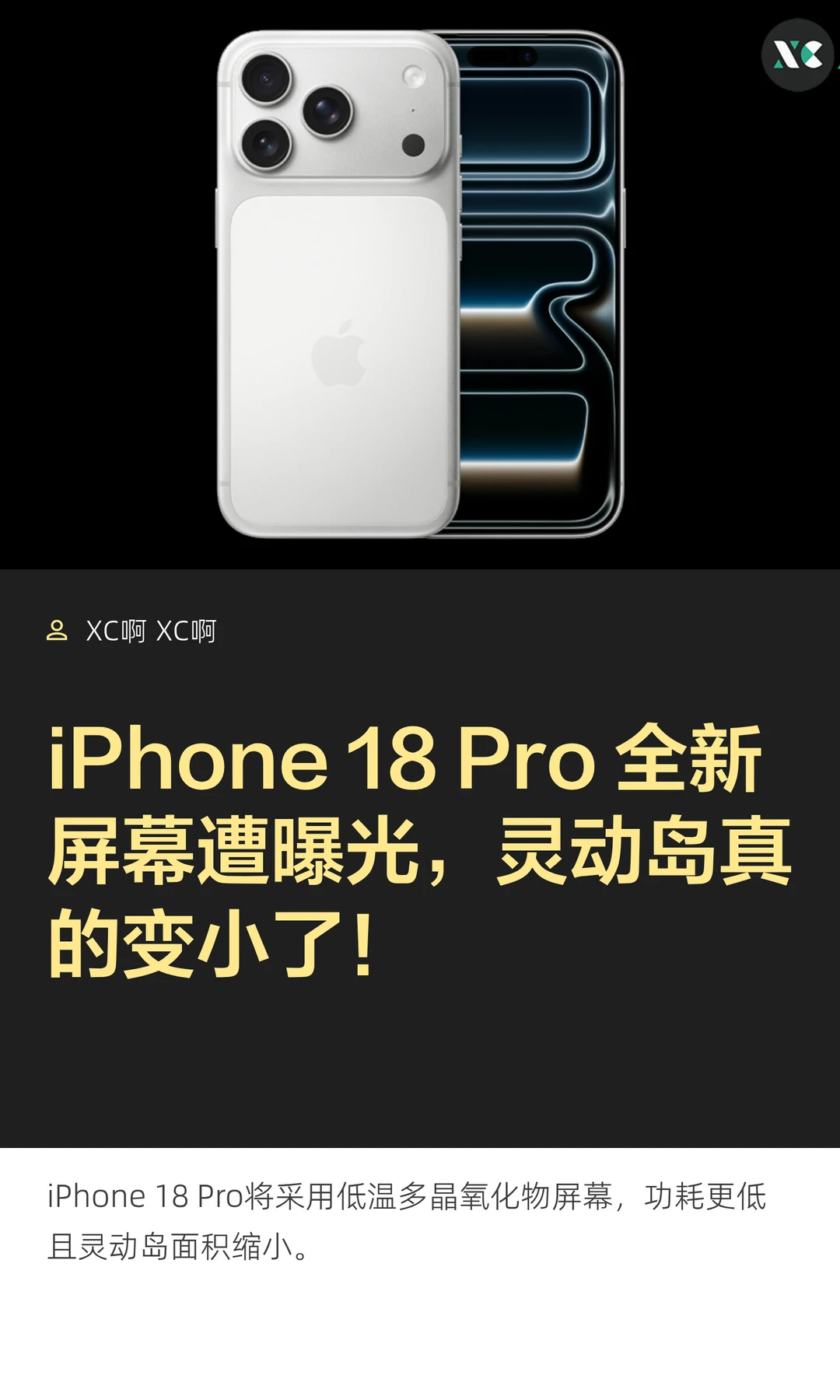 iPhone 18 Pro 全新屏幕遭曝光，灵动岛真的