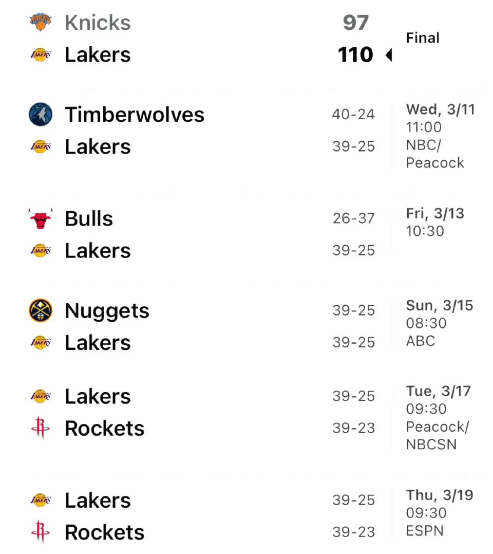 未来五场比赛
有四场是卡位战
不仅是关键的卡位赛，湖人最近很需要一些赢东西部前四